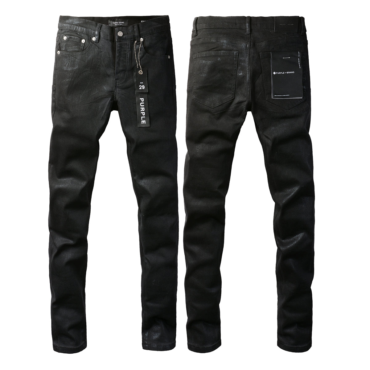 PURPLE  Men Streetwear Skinny Jeans Black Wash with Subtle Sheen and Tag Accent 9082