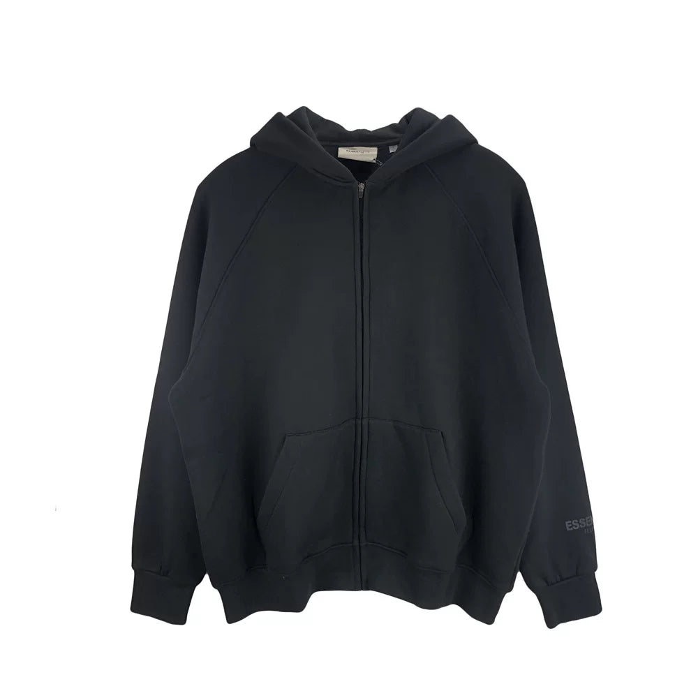 FEAR OF GOD ESSENTIALS Black Oversized Full‑Zip Raglan Fleece Hoodie