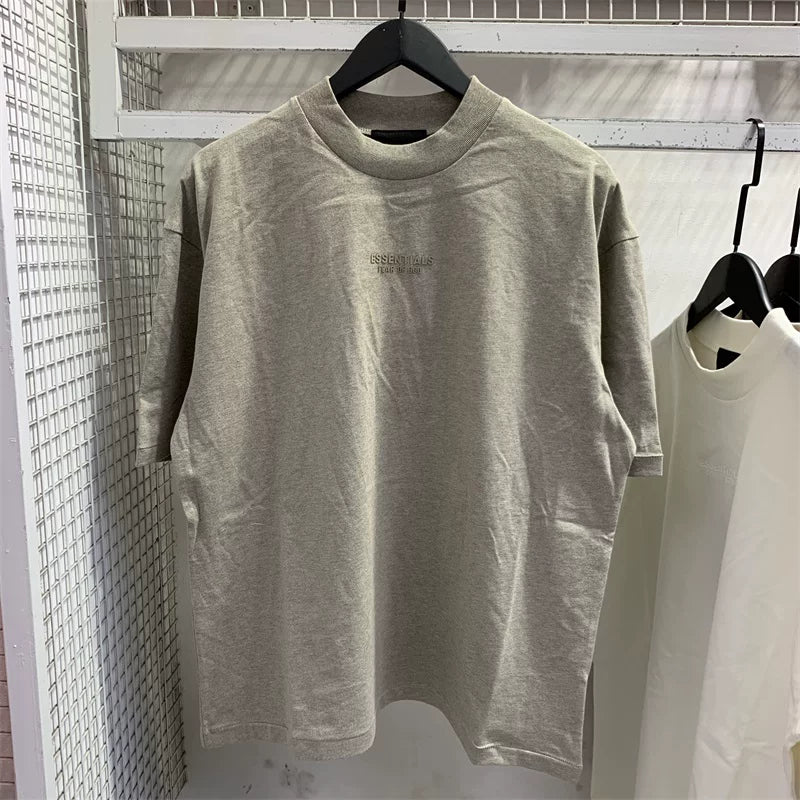 FOG ESSENTIALS Essentials Grey Mock Neck Tee Tonal Embossed Logo Short Sleeve