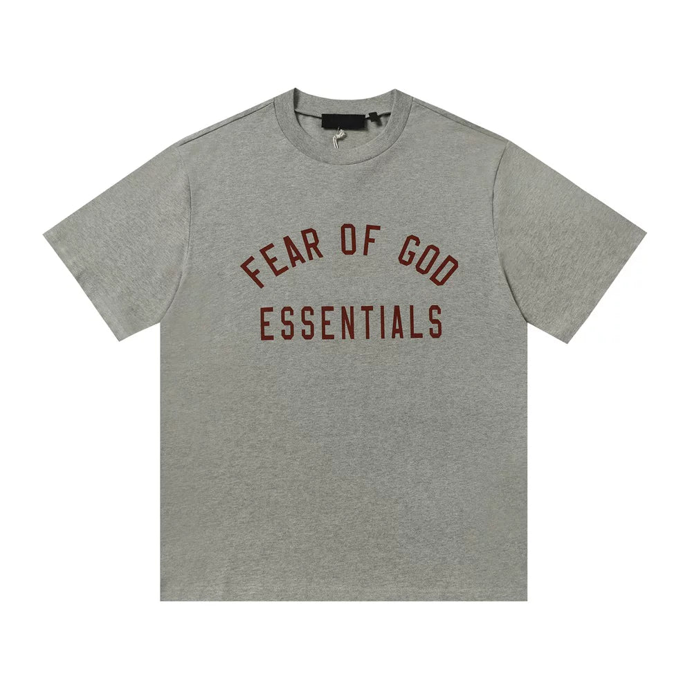 Fear Of God Essentials Heather Grey Crew Neck Tee Arch Burgundy Logo Short Sleeve
