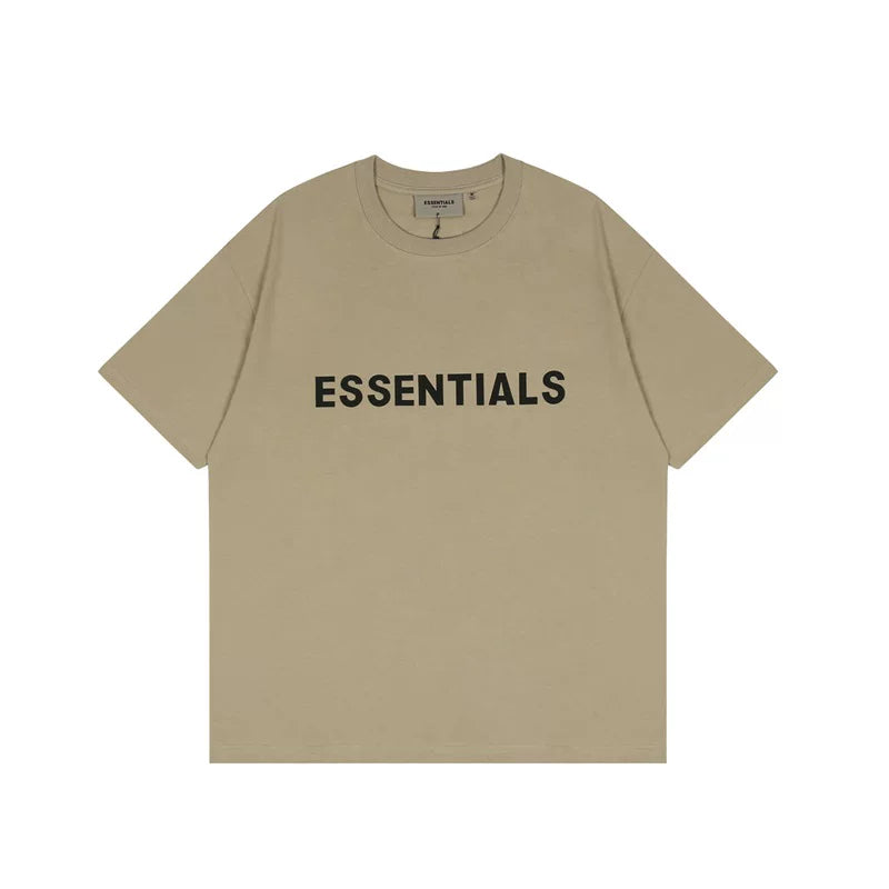 ESSENTIALS Khaki Crew Neck Tee Bold Black Front Logo Short Sleeve