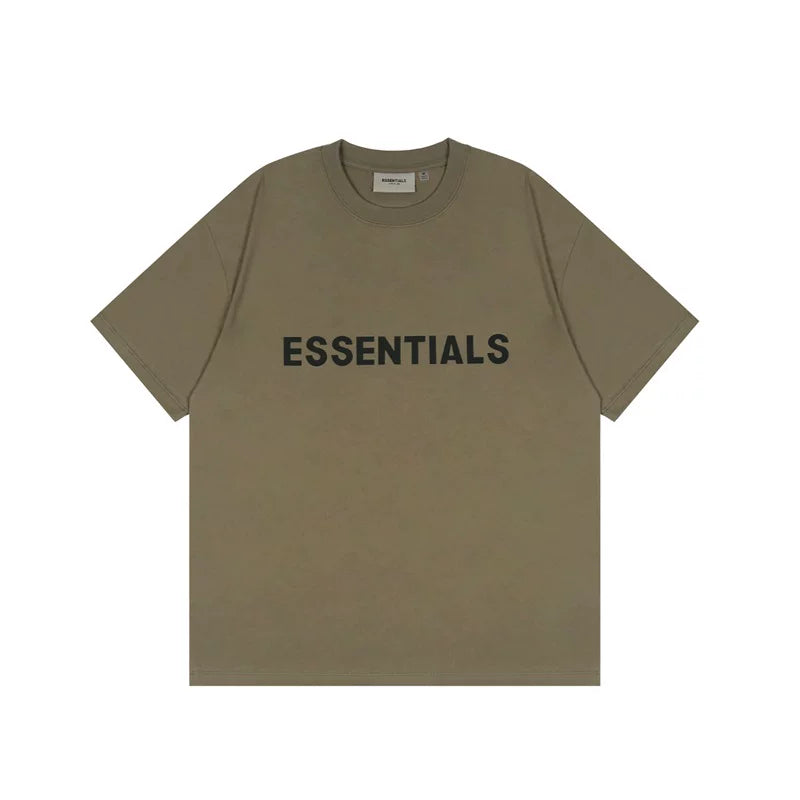 ESSENTIALS Wood Brown Crew Neck Tee Bold Black Front Logo Short Sleeve