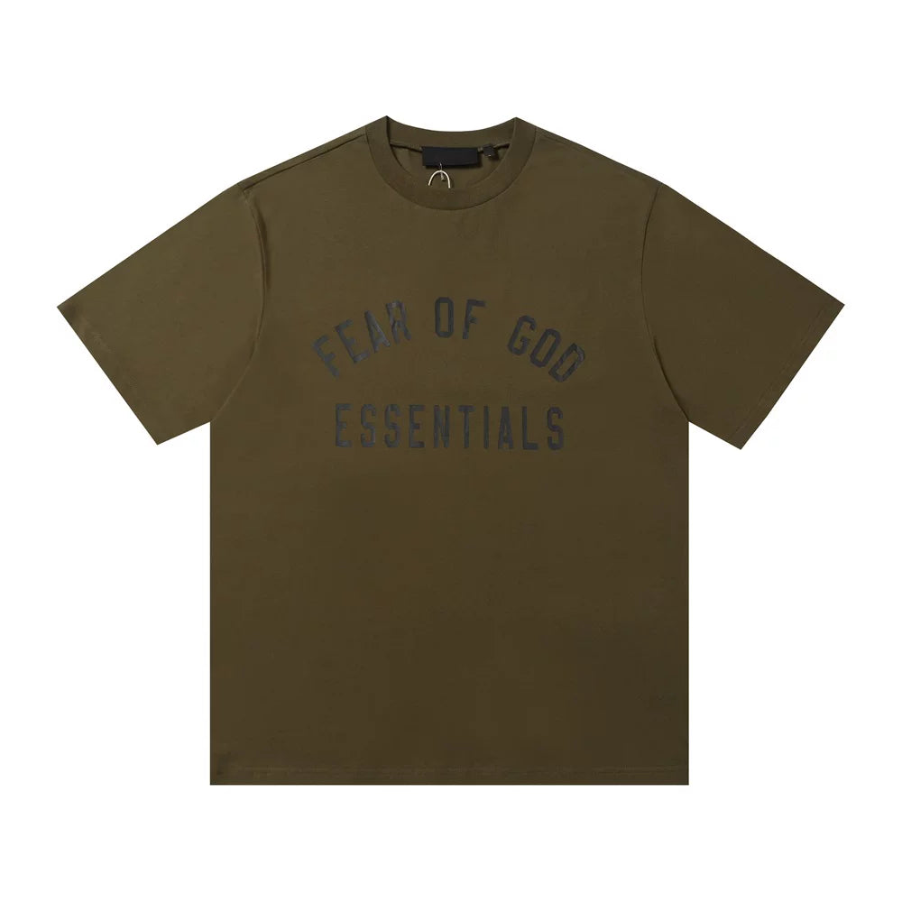 Fear Of God Essentials Dark Olive Crew Neck Tee Arch Black Logo Short Sleeve