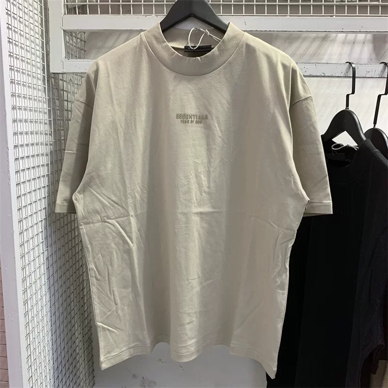FOG ESSENTIALS Sand Mock Neck Tee Tonal Embossed Logo Short Sleeve