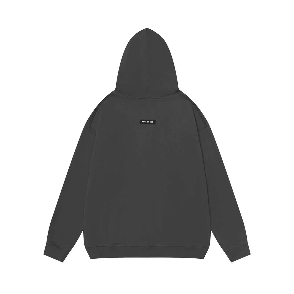 FEA OF GOD Washed Black Minimalist Full Zip‑Up Oversized Hoodie