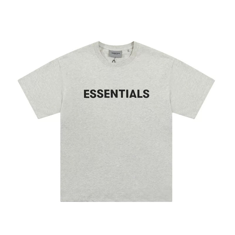 ESSENTIALS Heather Grey Crew Neck Tee Bold Black Front Logo Short Sleeve