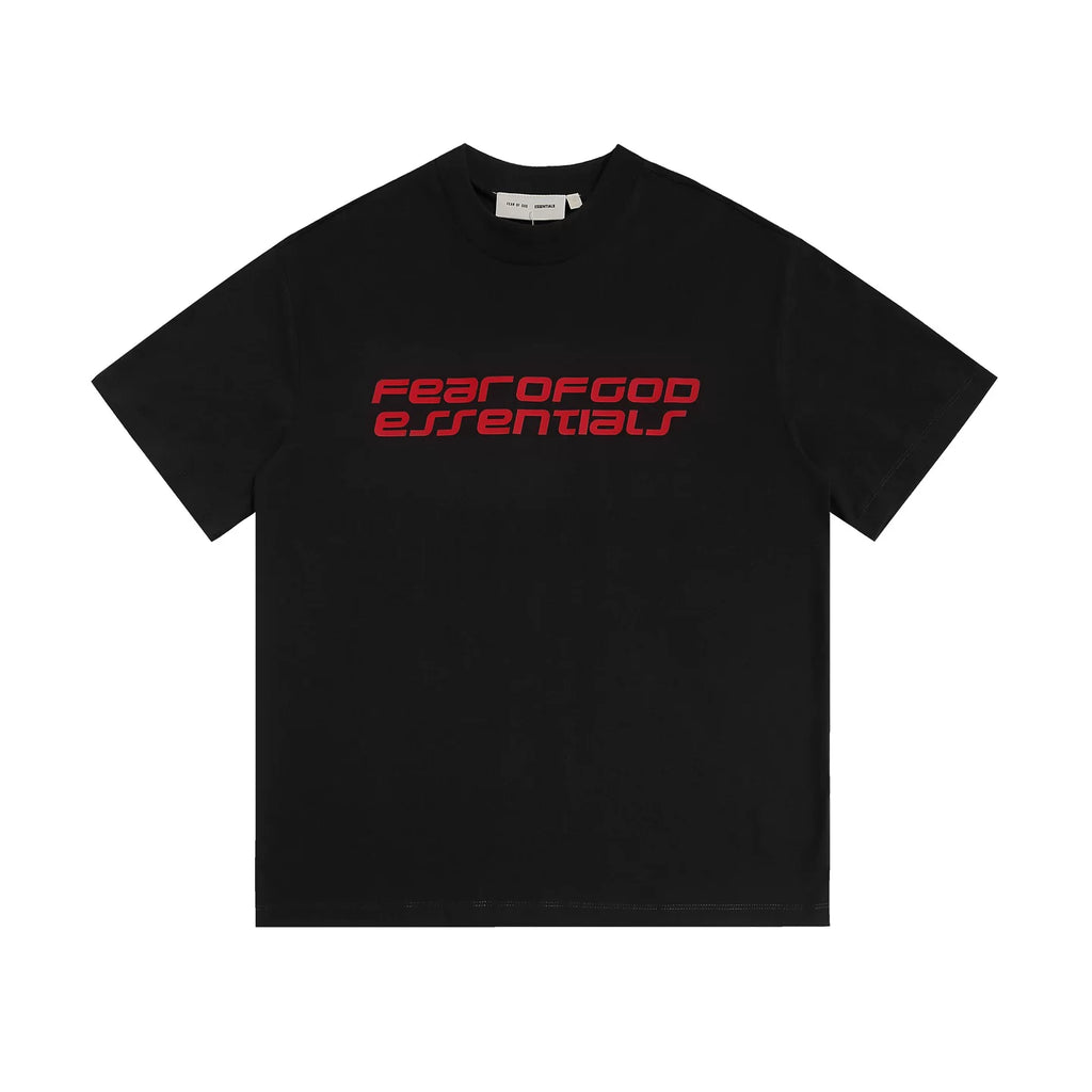 Fear of God Essentials Futuristic Red Font Graphic Short‑Sleeve Tee