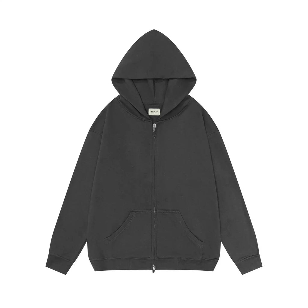 FEAR OF GOD Washed Black Minimalist Full Zip‑Up Oversized Hoodie