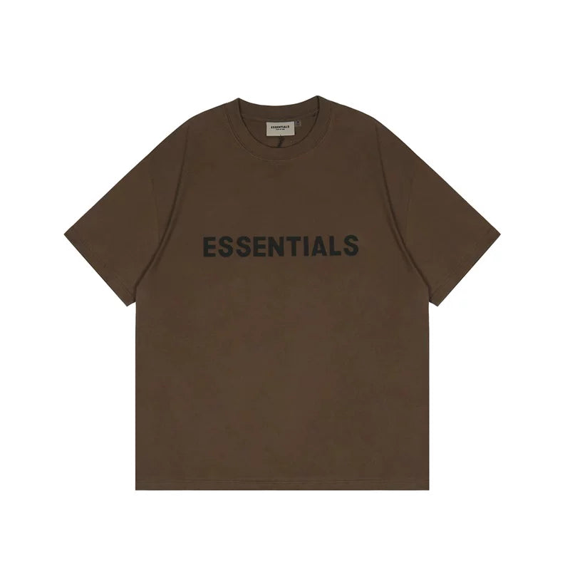 ESSENTIALS Chocolate Brown Crew Neck Tee Bold Black Front Logo Short Sleeve