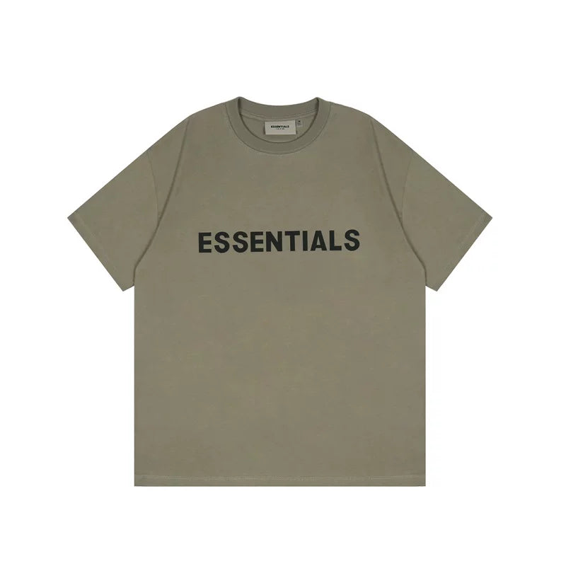 ESSENTIALS Dusty Olive Crew Neck Tee Bold Black Front Logo Short Sleeve