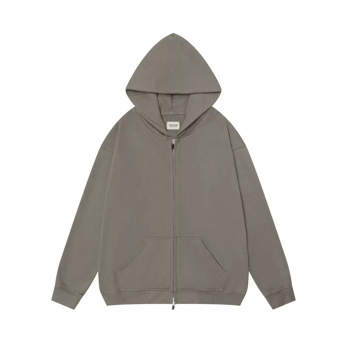 FEAR OF GOD Muted Taupe Minimalist Full Zip‑Up Oversized Hoodie