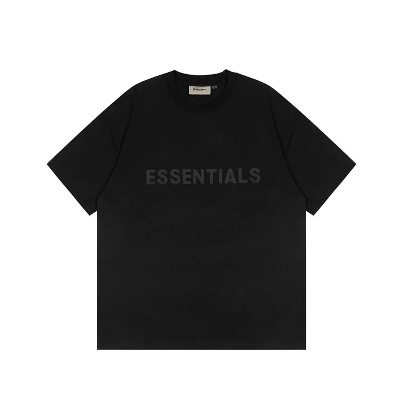 ESSENTIALS Black Crew Neck Tee Tonal Large Front Logo Short Sleeve