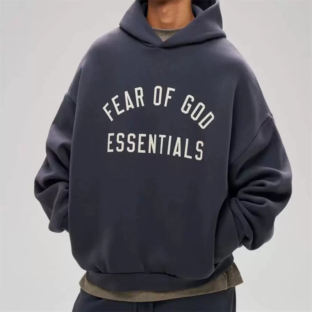 FOG ESSENTIALS Navy Blue Unisex Arched Logo Oversized Pullover Hoodie