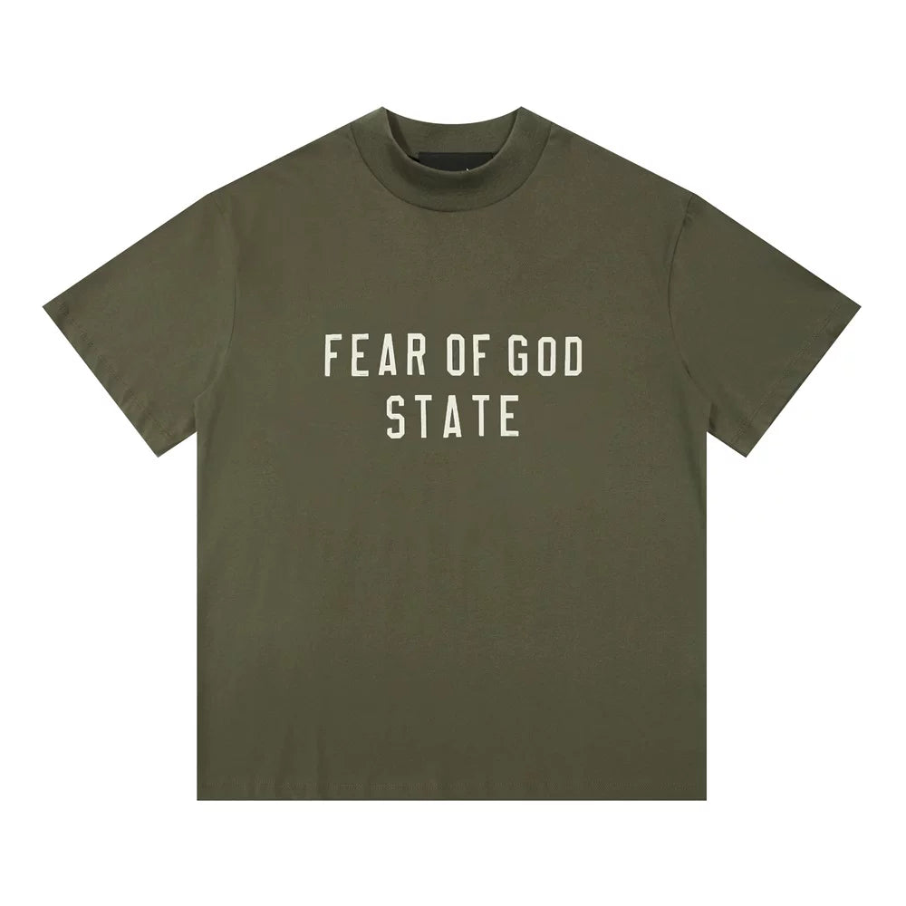 Fear Of God State Olive Green Mock Neck T‑Shirt | Off‑White Print