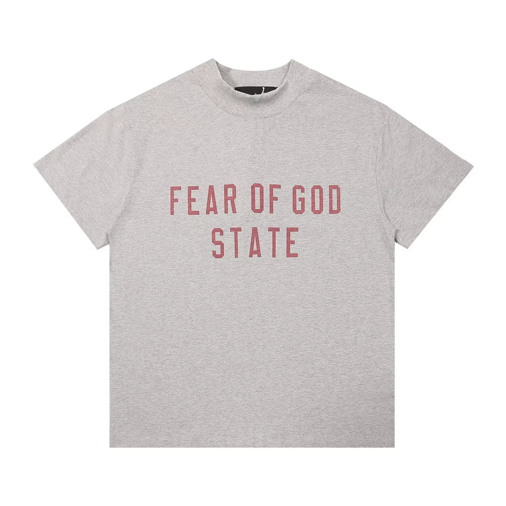 Fear Of God State Light Heather Grey Mock Neck T‑Shirt | Red Print