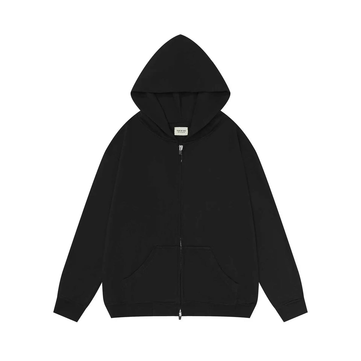 FEA OF GOD Solid Black Minimalist Full Zip‑Up Oversized Hoodie