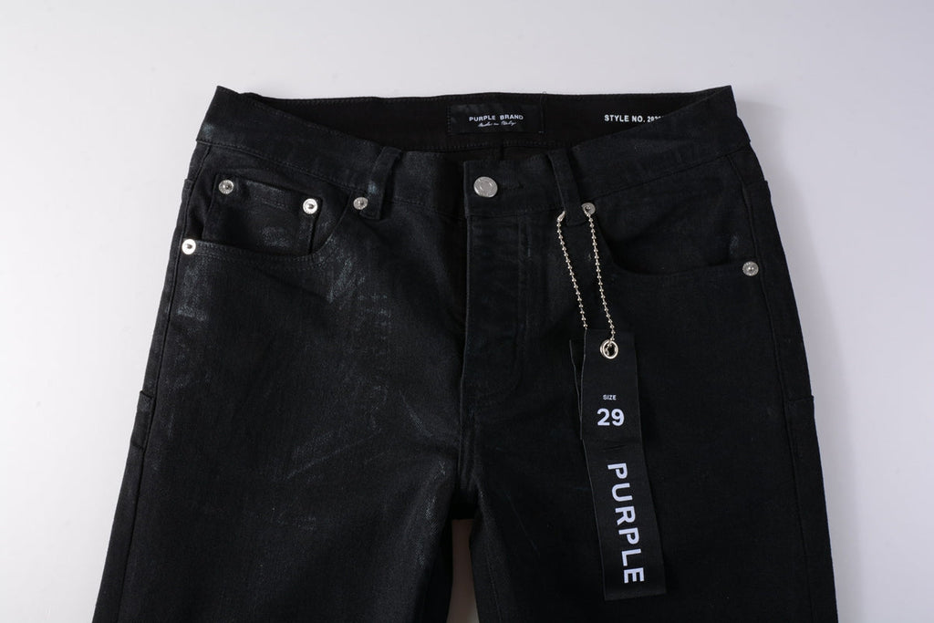 PURPLE  Men Streetwear Skinny Jeans Black Wash with Subtle Sheen and Tag Accent 9082