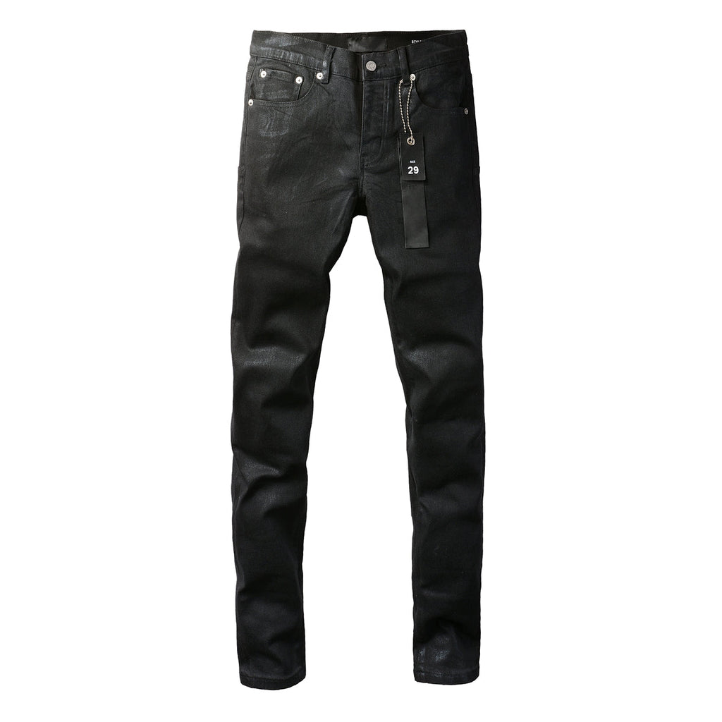 PURPLE  Men Streetwear Skinny Jeans Black Wash with Subtle Sheen and Tag Accent 9082